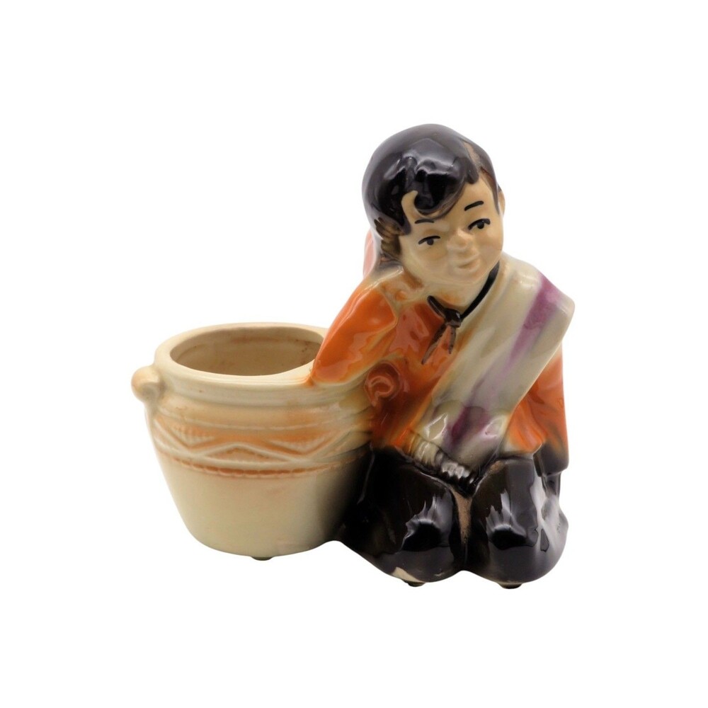 Vintage MCM Ceramic Boy w Pot Planter Mid Century Modern Figural Marked USA